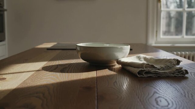 Sun entering window casting shadow across wood table in kitchen showing bowl and folded napkins