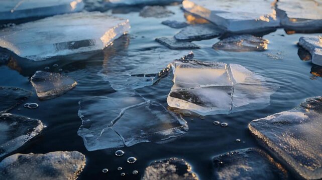Rippling clear ice slabs shifting with central ripple starting on water, melting in sunlight