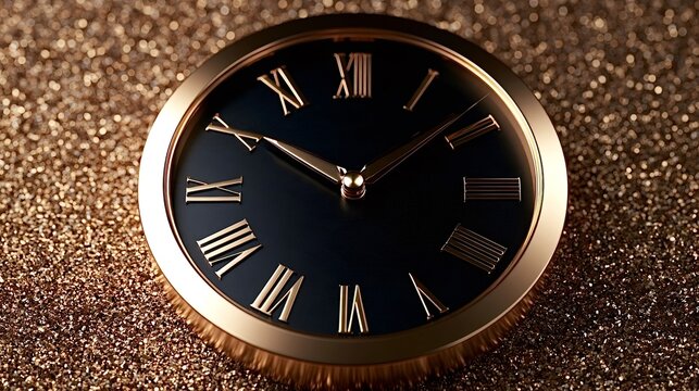 Golden clock face showing time on glitter background