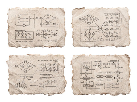 Blockchain algorithm vintage manuscript diagrams illustrating complex cryptography and network flowcharts on torn parchment paper isolated over a black background representing historical computer scie