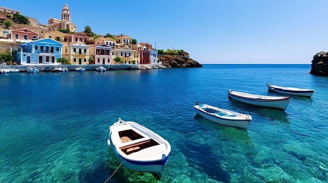 Symi island colorful village houses and boats in turquoise bay
