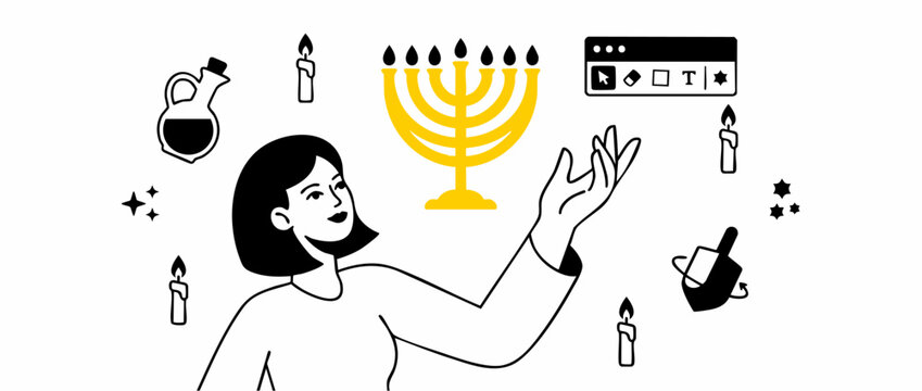 Hanukkah menorah graphic design vector woman creating digital jewish holiday artwork with candles, dreidel, oil jug, star of david, ui interface software icons, clean minimalist line art illustration