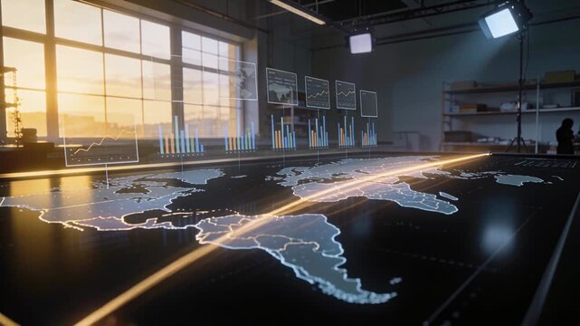 Activating control knob, smart table sending data arc across loft with hologram map linking regions