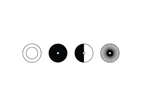 Minimalist graphic designs of circular patterns, concentric rings, halffilled circles, and radiating lines