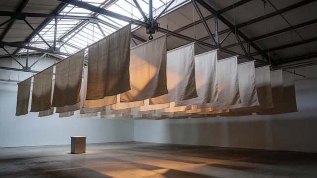 Sunlight sliding through skylight moving fabric panels across hall, casting shadows, crane hook