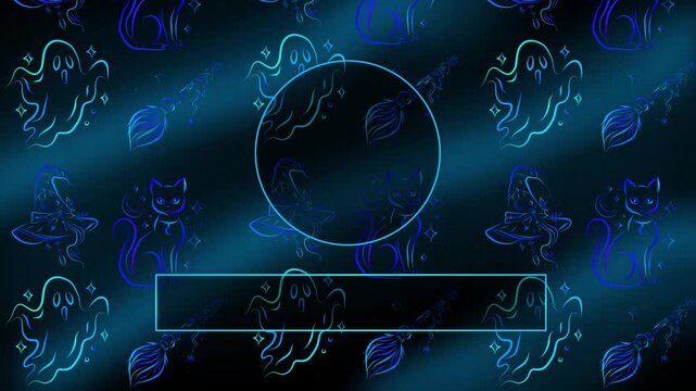 Neon blue Halloween video background loop with ghost pattern and text frames 4k
