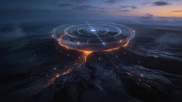 Materializing concentric rings hologram aligning with crater center at dusk, scanning lava fissures