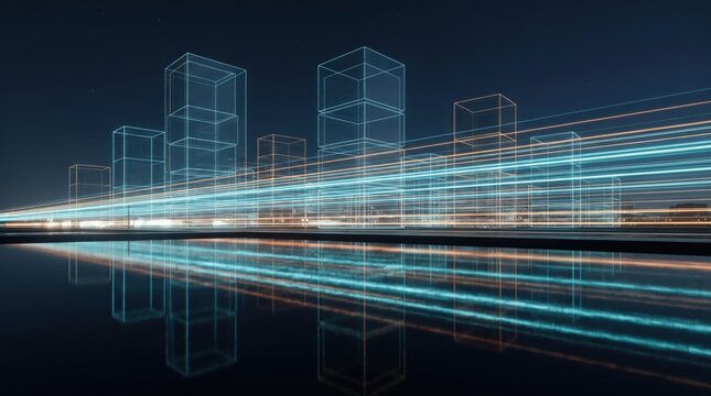Futuristic architectural rendering of modern glass skyscrapers with glowing light trails at night