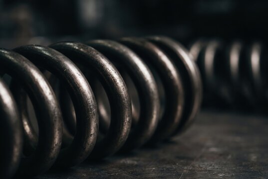 Close-up of a textured metallic helical compression spring with worn steel coils and a dark background.