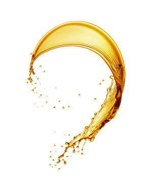 Dynamic splash of golden liquid or oil with flying drops on white background. Generative AI