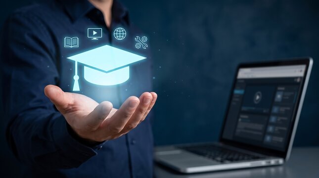 Man holding virtual graduation cap icon with digital online education, e-learning, and knowledge management concept symbols over laptop background