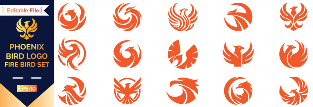Phoenix bird logo set, mythical fire bird icons in circular flame design, and Phoenix vector elements for corporate logo and branding set.