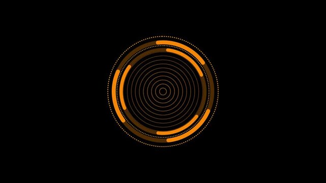 Orange dotted circular radar scanner interface on black background amber concentric circles and hud loader element animating against dark space technology futuristic