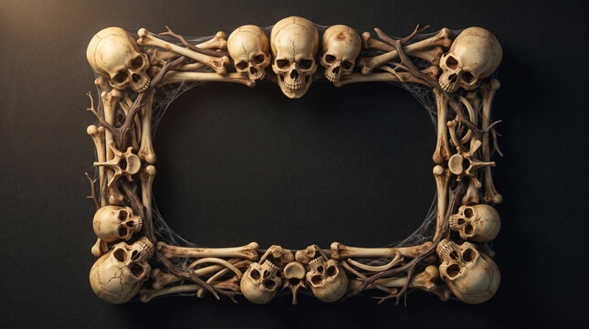 Marco terror&iacute;fico con calaveras envejecidas y huesos realistas, dise&ntilde;ado para retratos, carteles y composiciones de Halloween.
