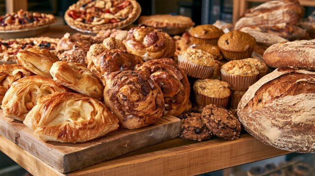 A crowded neighborhood bakery counter displays apple turnovers, spiced buns, pumpkin muffins, chocolate cookies, fruit pies, and crusty bread in an authentic abundant morning scene
