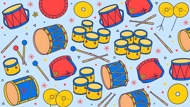 Colorful marching drum pattern with red snare drums, blue and yellow bass drums, tom drums, cymbals and drumsticks on light blue