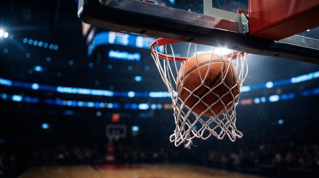 Basketball hangs in the net during a game in a stadium
