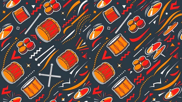 Energetic orange and red drum pattern with rope drums, tom drums, cymbals and drumsticks on dark charcoal background