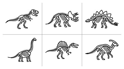 Dinosaur skeletons set with T-Rex, Triceratops, Stegosaurus, Brontosaurus, Spinosaurus and Parasaurolophus for science or education © Fahinkhan