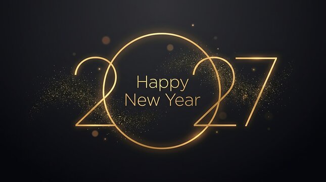 Elegant golden 2027 new year text with circle and dust particles on dark background for sophisticated holiday invitations and modern festive designs.