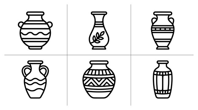 Ancient pottery line icons set with amphorae and vases for decor, history or museum