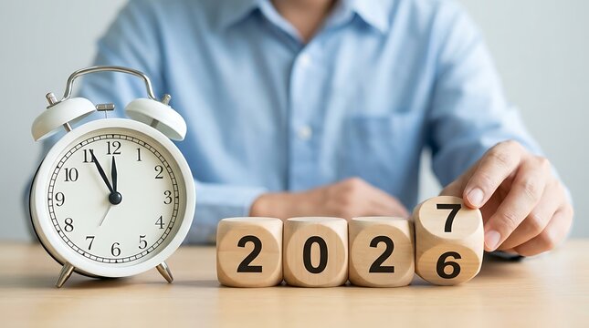 Person's hand changing number 6 to 7 on wooden blocks displaying 2026 and moving towards 2027 next to an alarm clock symbolizing time change and new year planning.