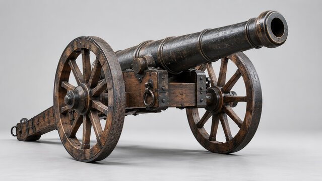 Antique field cannon with wooden spoked wheels and cast metal barrel on a wooden carriage, photographed on a gray background