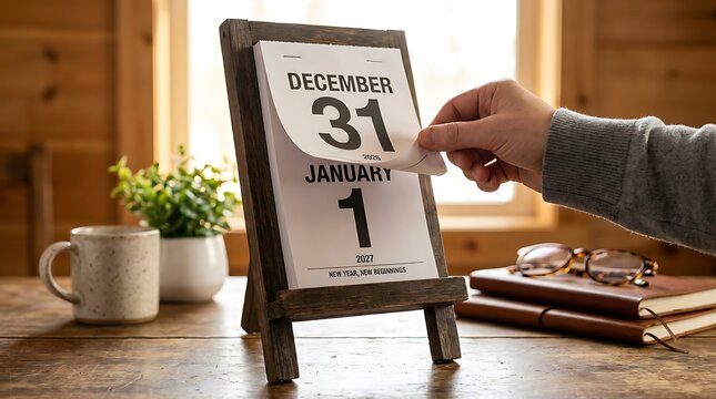 Person turning page from December 31 2026 to January 1 2027 on desk calendar symbolizing new year beginnings and end of year.