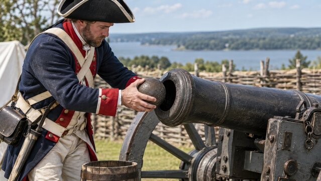 Historical reenactor in colonial uniform loading a cannon on a lakeside battlefield