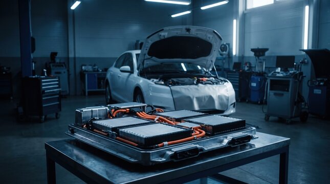 EV car service. Electric vehicle battery pack being serviced or inspected in automotive workshop. Large battery modules and high voltage components. Modern EV power systems. Lithium ion NMC NCA or LFP