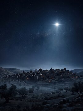 Ancient hillside village beneath a brilliant star in a vast night sky. Starry sky over a historic settlement. Astronomy and celestial navigation concept. Biblical era landscape and sacred