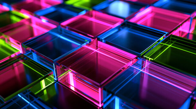 Abstract Futuristic Neon Glass Cube Grid Background