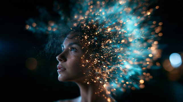 Creative Woman with Glowing Spark Particles Exploding from Head