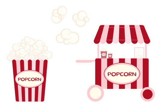 Set of Popcorn cart and striped bucket retro style food stall clip art