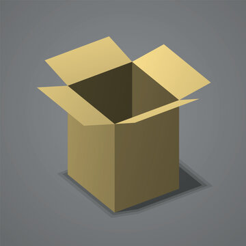 Isometric open empty cardboard packaging box with shadow on gray background for delivery or storage.