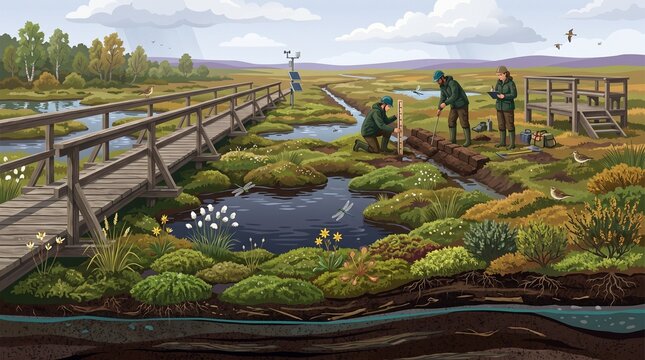 Environmental scientists studying peatland restoration, ecological research team working in wetland bog, conservationists monitoring swamp ecosystem