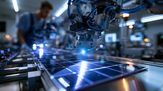 Robotic Arm Assembling Solar Panels in Modern Factory