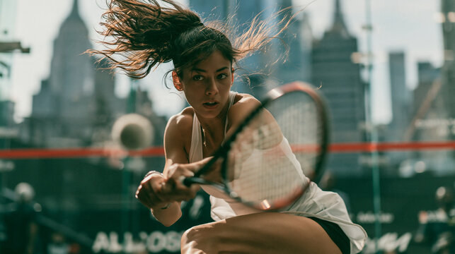 Female Tennis Player Hitting Backhand Shot on Court