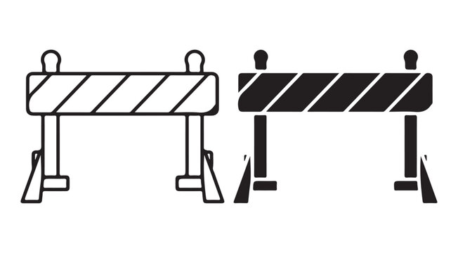 Minimal safety barrier fence icon set, outline and solid vector illustration for road construction warning zone isolated on white background