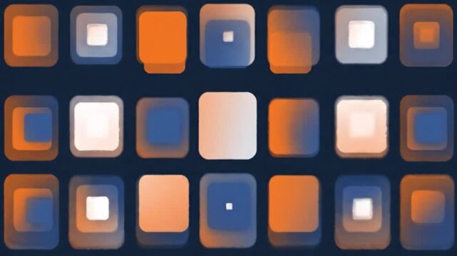 Modern abstract background featuring a grid of glowing rounded squares and rectangles in orange and blue tones.
