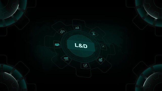 Corporate L&D education workforce upskilling concept on digital gear HUD interface background loop