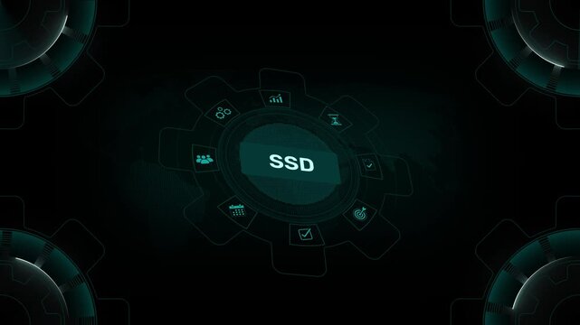 SSD data storage technology and digital memory device concept on digital gear HUD interface loop