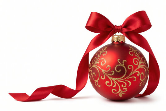 art Red Christmas ball with a beautiful bow and a golden pattern. christmas design element isolated on white background. Transparent background