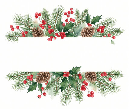 Watercolor Winter Christmas bouquet with foliage, flowers, and berries