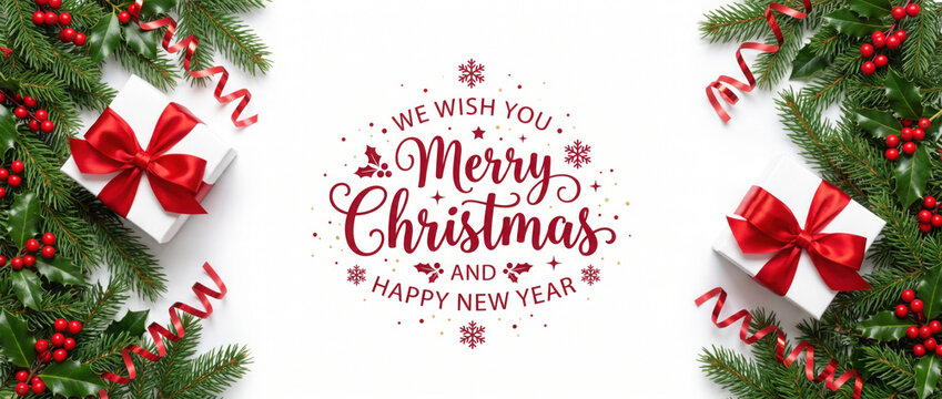 Merry Christmas text on white background with gift boxes, ribbons, red decoration, fir branches, bokeh, sparkles and confetti. Xmas and New Year greeting card, bokeh, light. Flat lay, top view