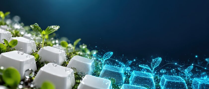 Digital twin concept with green seedlings growing on keyboard keys and glowing blue wireframe hologram