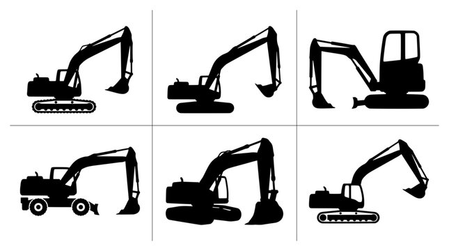 Excavator silhouettes set with tracked and wheeled machines for construction and industry