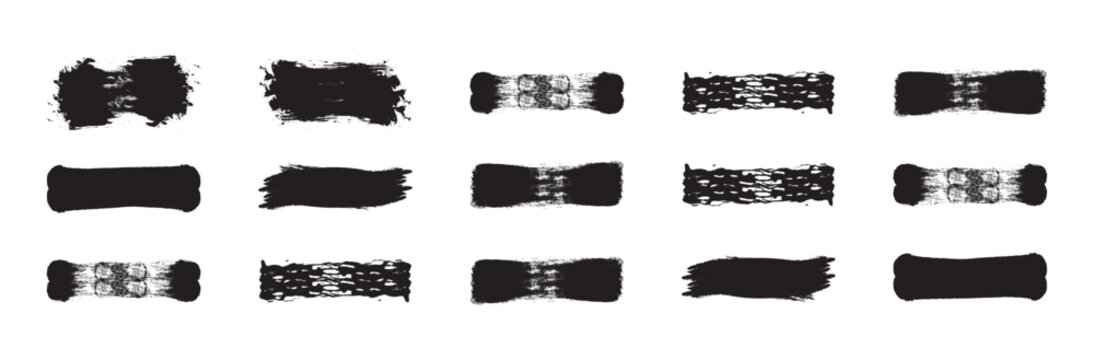 Black grunge brush stroke set. Rough ink paint banners and censorship bars for redacted text. Collection of grunge paint brush stroke, set paint, ink brush, brush strokes, brushes, lines, frames, box