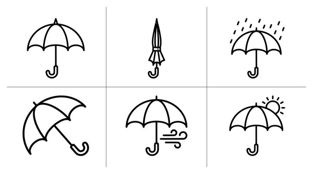 Umbrella icons set with rain, wind, sun and closed parasol for weather