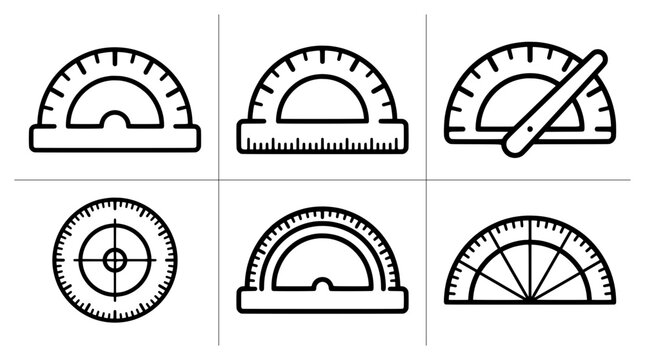 Measuring tool line icons set with protractors and target symbol, math and science